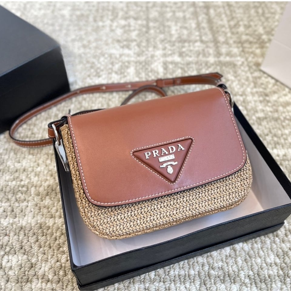 Prada Raffia And Leather Crossbody Bag Naturale Brown 20Cm view 3