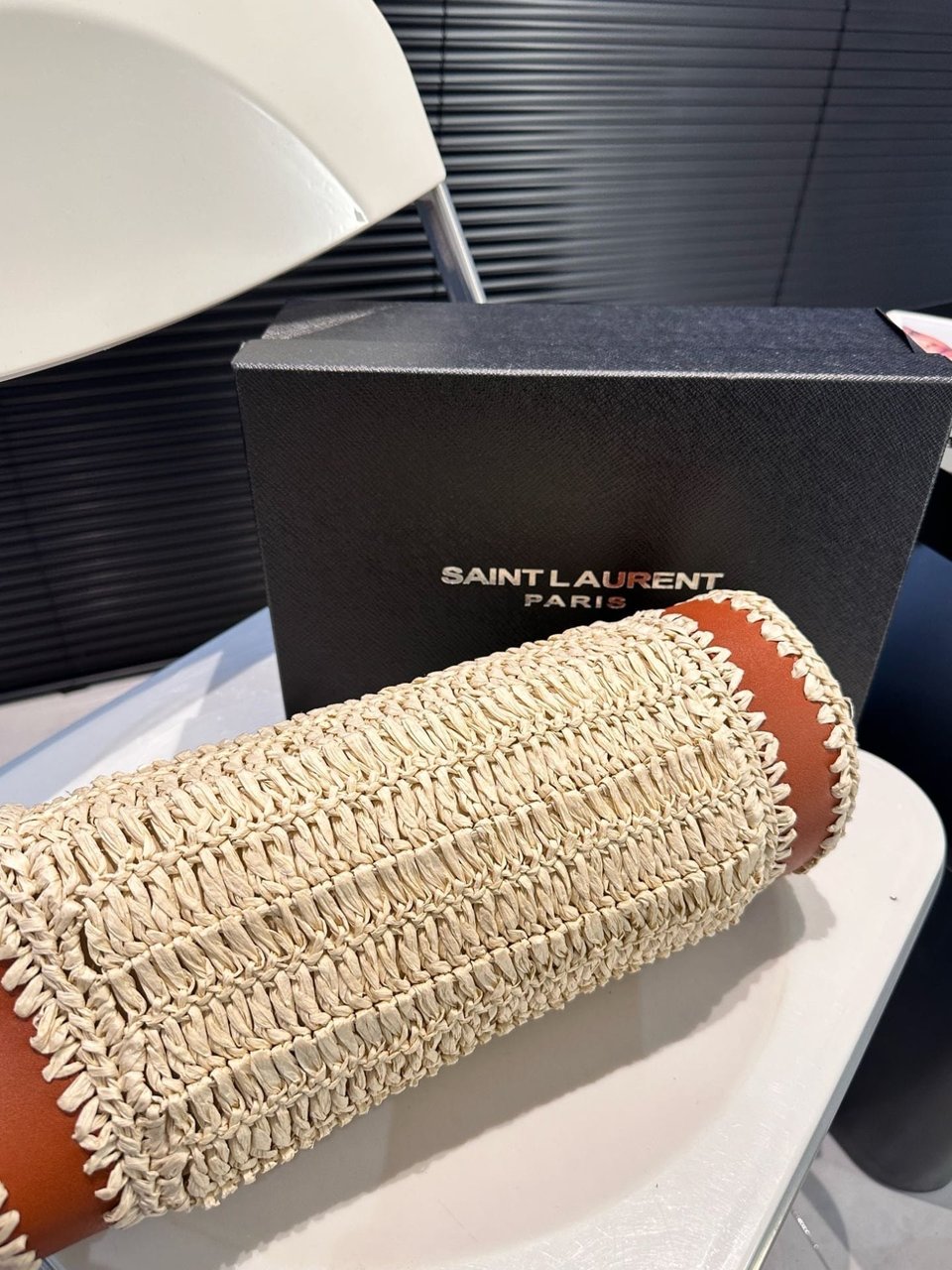 Saint Laurent Sade Raffia Tube Bag In Natural 33Cm view 3