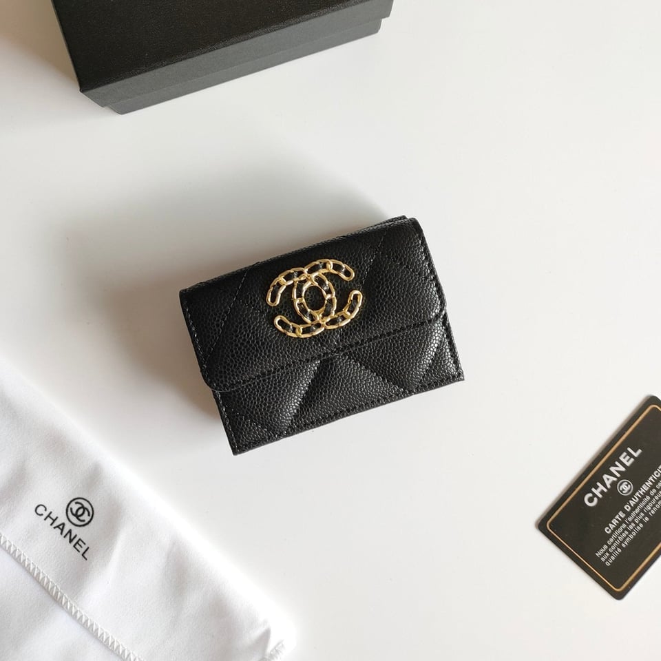 Chanel Trifold Purse 12 Black Grained Calfskin Gold Icon view 2