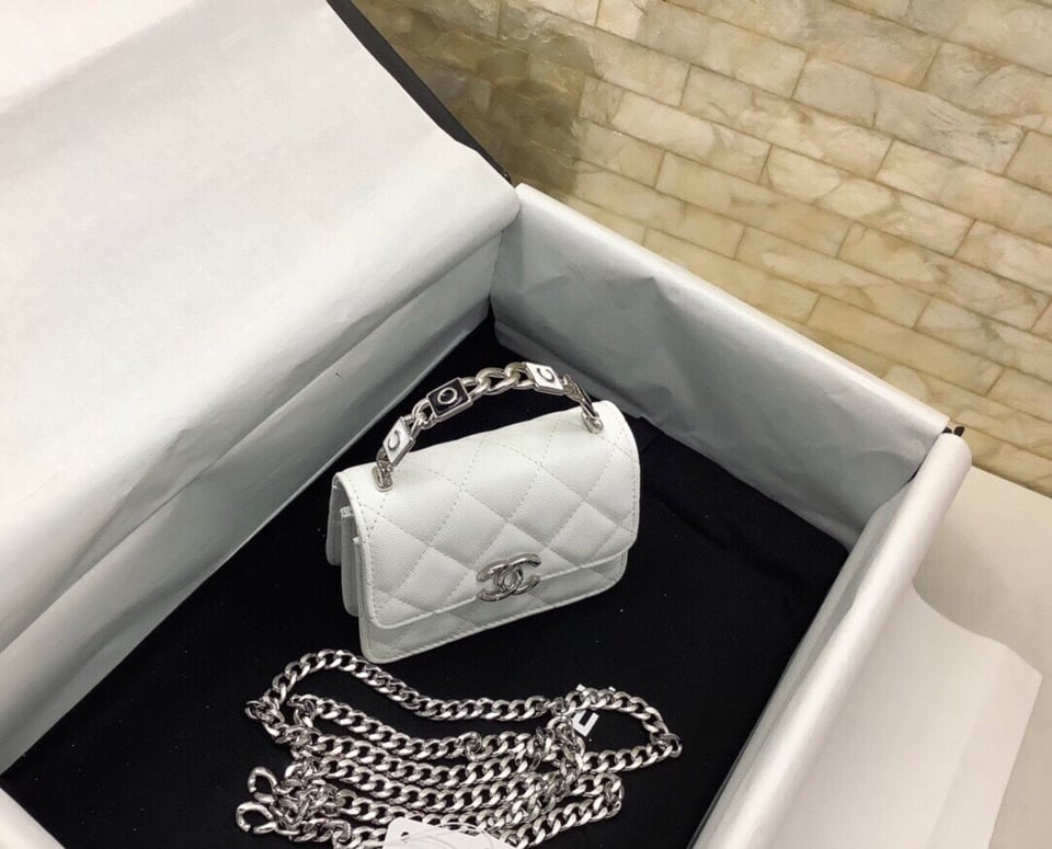 Chanel Woc 13Cm With Top Handle White Quilted Caviar Leather Silver Hardware view 3