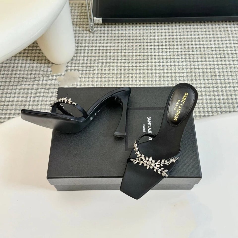 Saint Laurent Liz Mules In Satin And Rhinestones Black view 6
