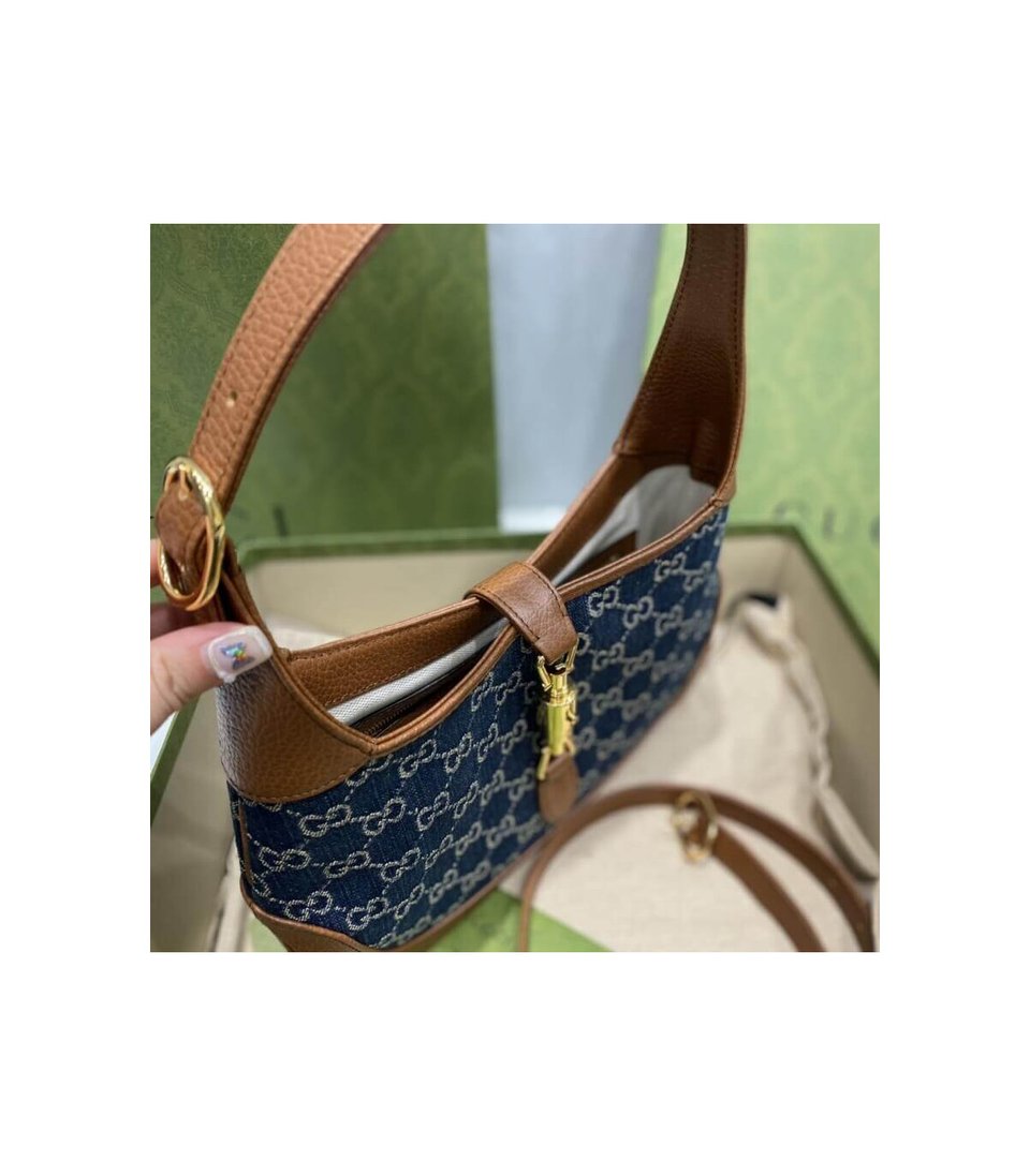 Gucci Jackie 1961 Small Shoulder Bag in Blue Jacquard Denim 28cm view 11