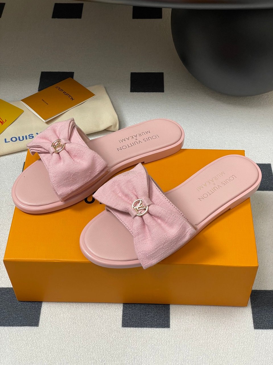 Louis Vuitton x Takashi Murakami Lily Flat Mule Bow Slide Sandals Black Canvas 1AGVYA view 7