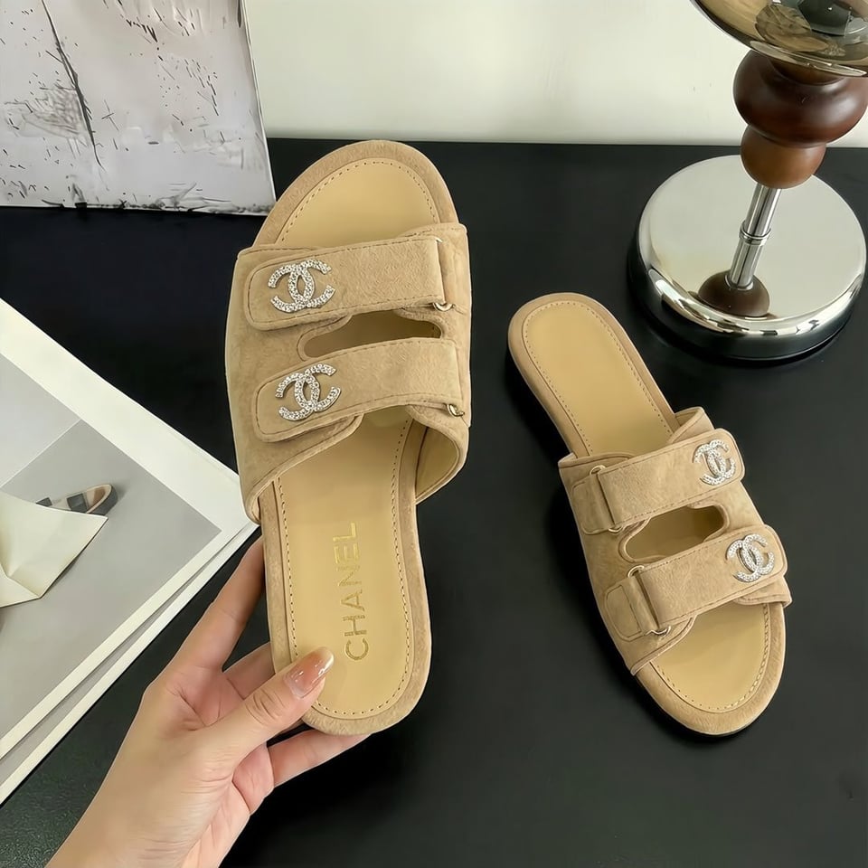 Chanel Suede Calfskin Crystal CC Double Strap Mules Beige Suede G38689 view 8