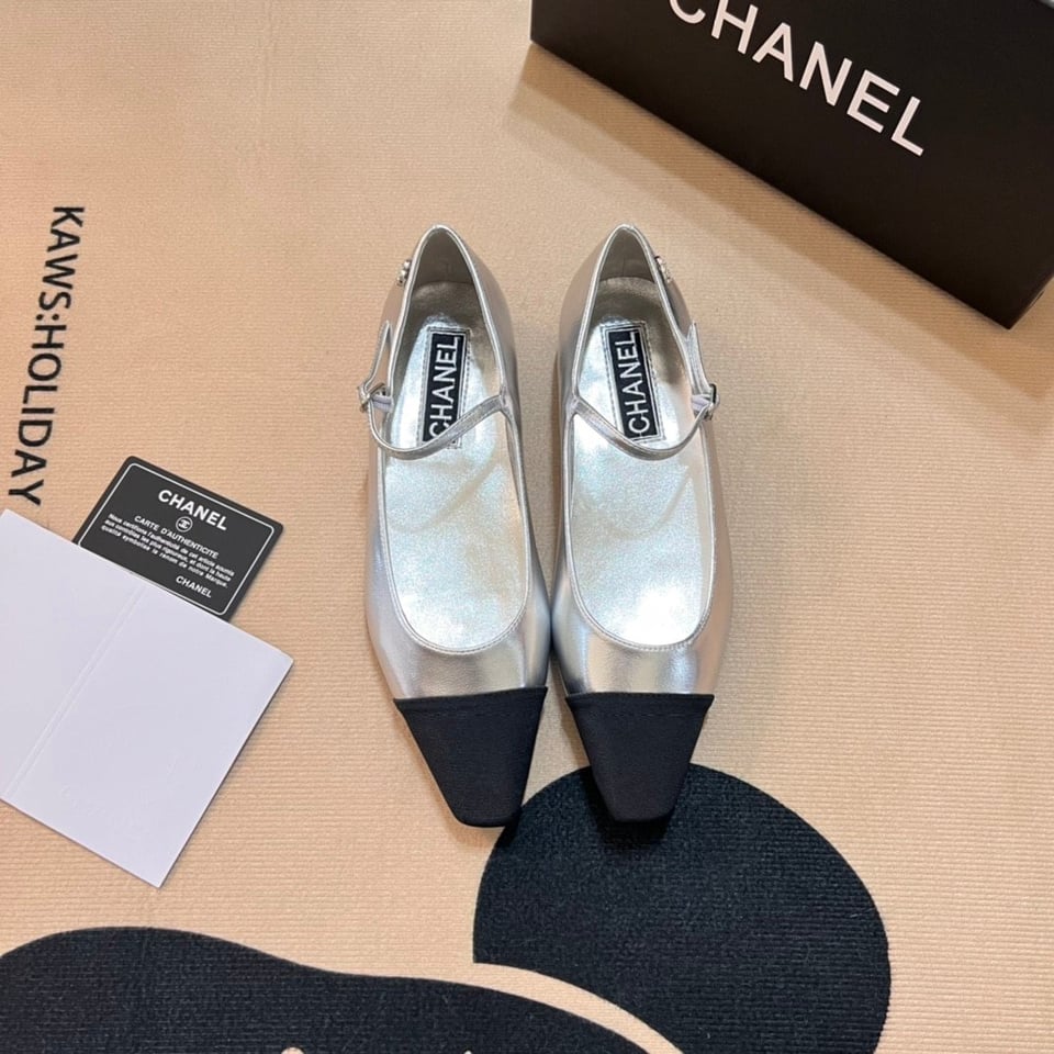 Chanel Square Toe Ballet Flats Black Silver view 10