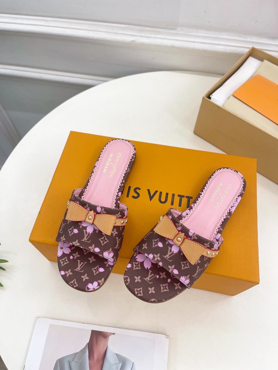 Louis Vuitton x Takashi Murakami Cherry Blossom Flat Slide Sandal Brown Monogram Canvas view 3