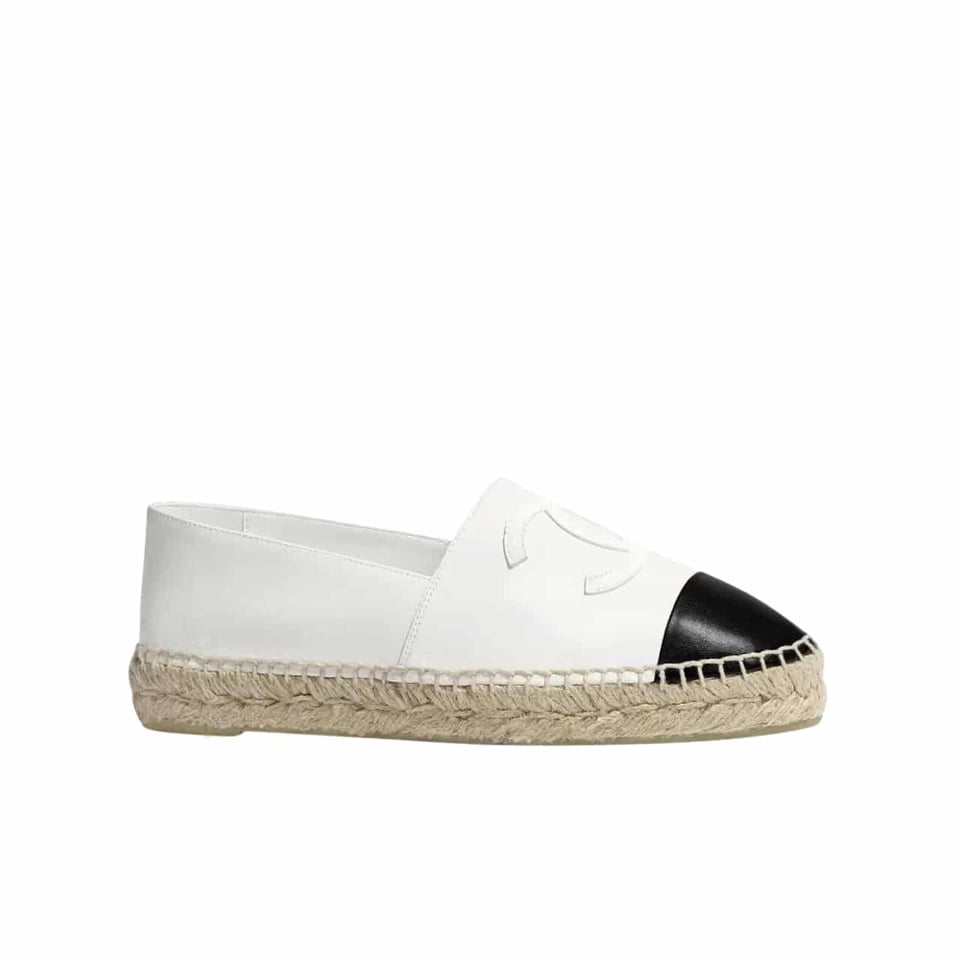 Chanel Embroidered Espadrille Leather Black Cap Toe Flats White Cc