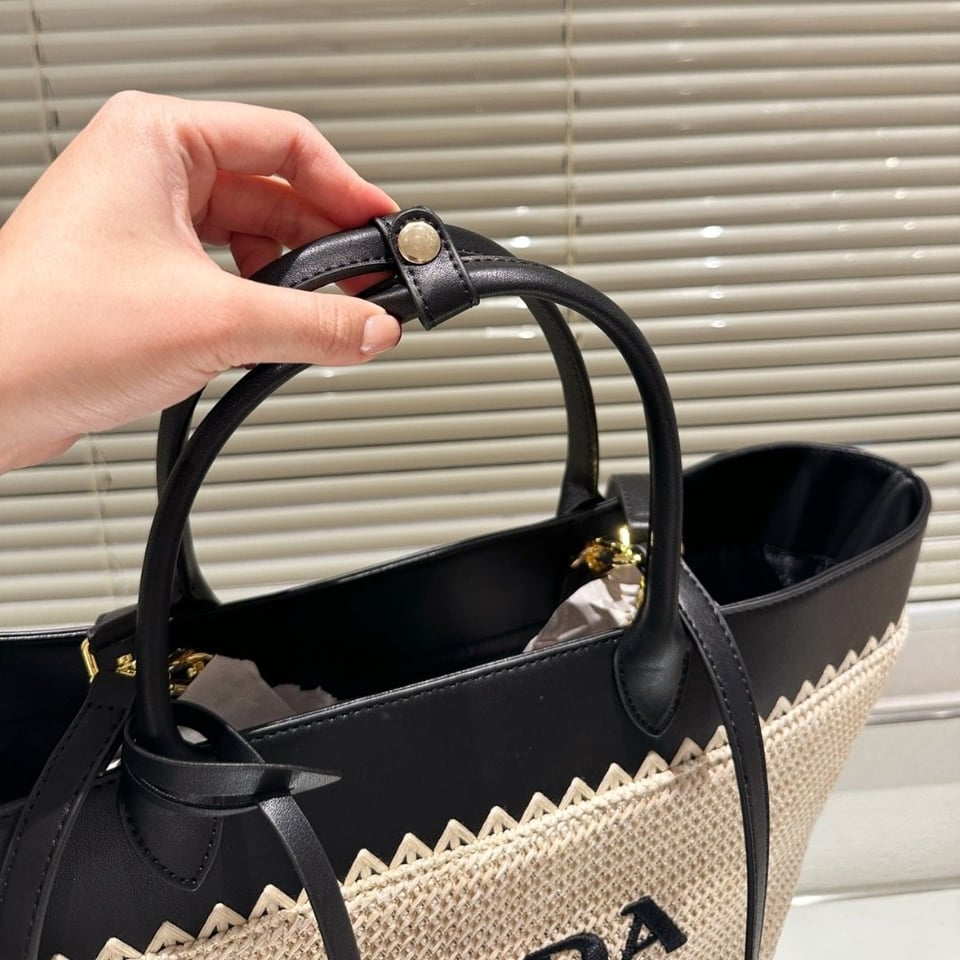 Prada Crochet And Leather Tote Bag Tan And Black 33Cm view 7