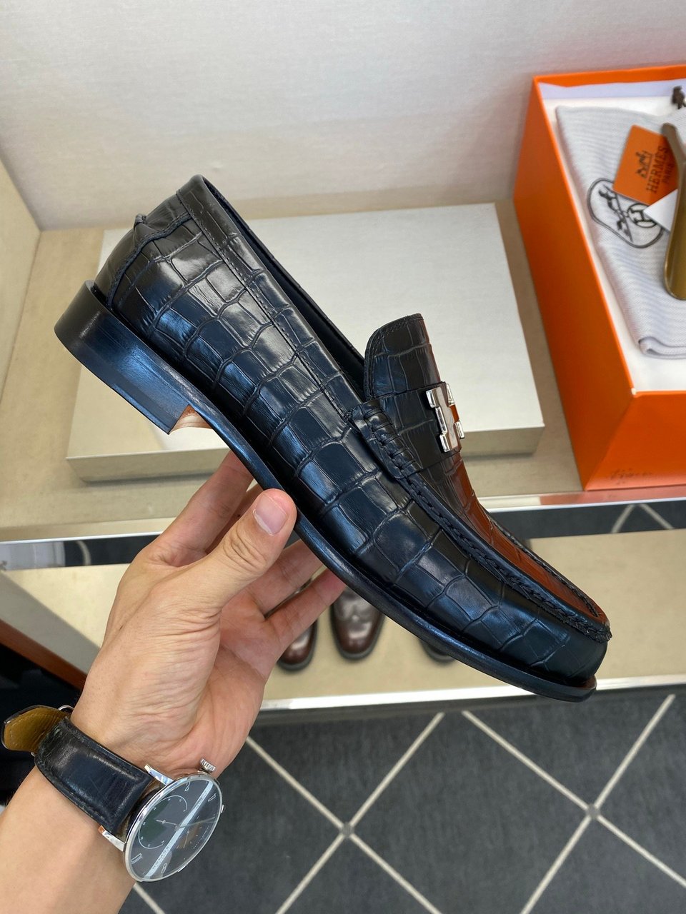 Hermès Iconic H Buckle Alligator Leather Loafers Black- Shoes for Men view 9