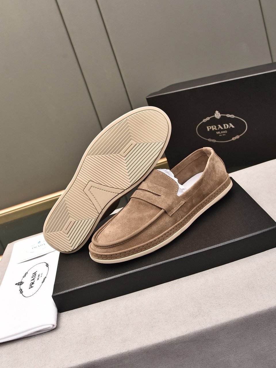 Prada Men’S Flat Loafers Suede Leather Brown view 4