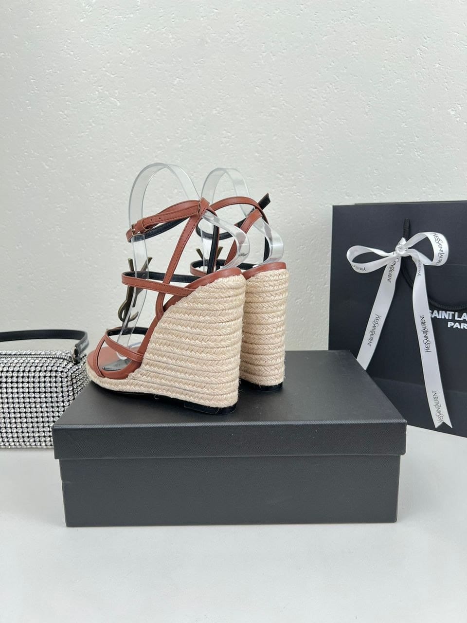 Saint Laurent Cassandra 115 Leather And Raffia Wedge Brown Sandals view 4