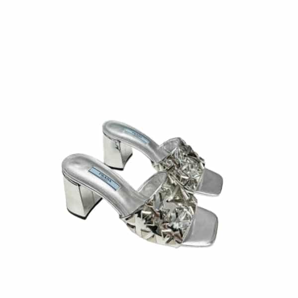 Prada Studded Metallic Leather Mules Silver view 2