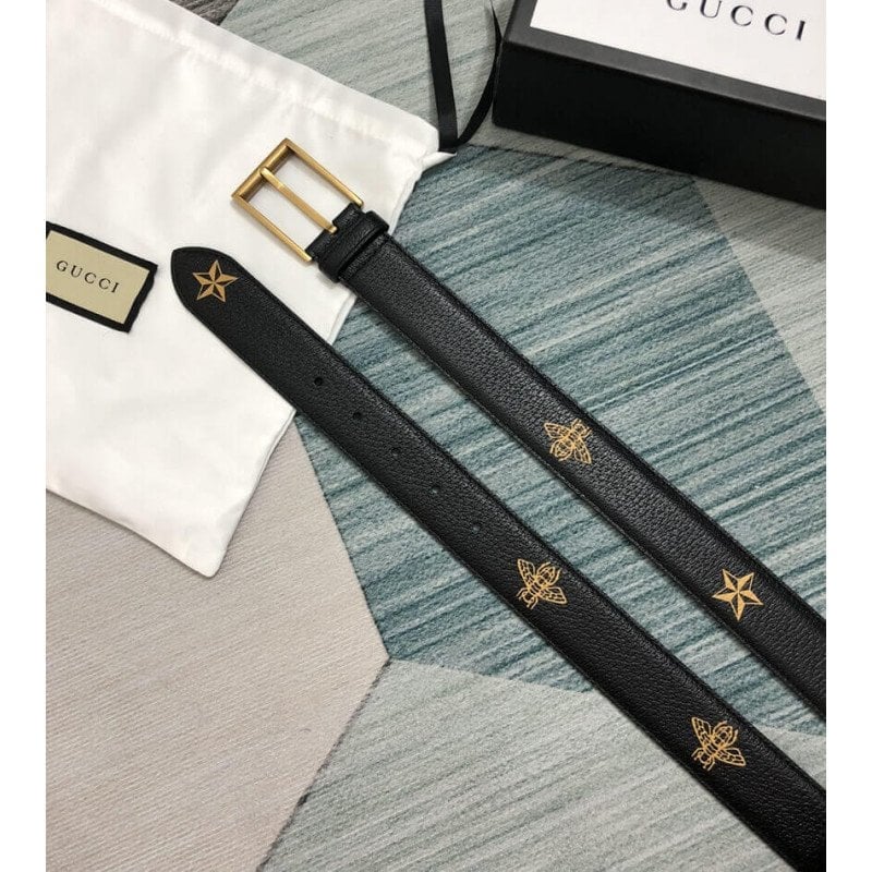 Gucci Calfskin Bees And Stars Print Belt 35mm 495125 Black Unisex view 5