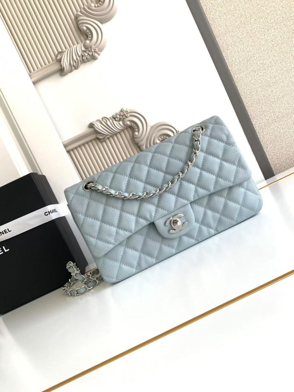 Chanel Classic Flap Bag 25 cm Light Blue Caviar Silver-Tone Hardware A01112 view 3