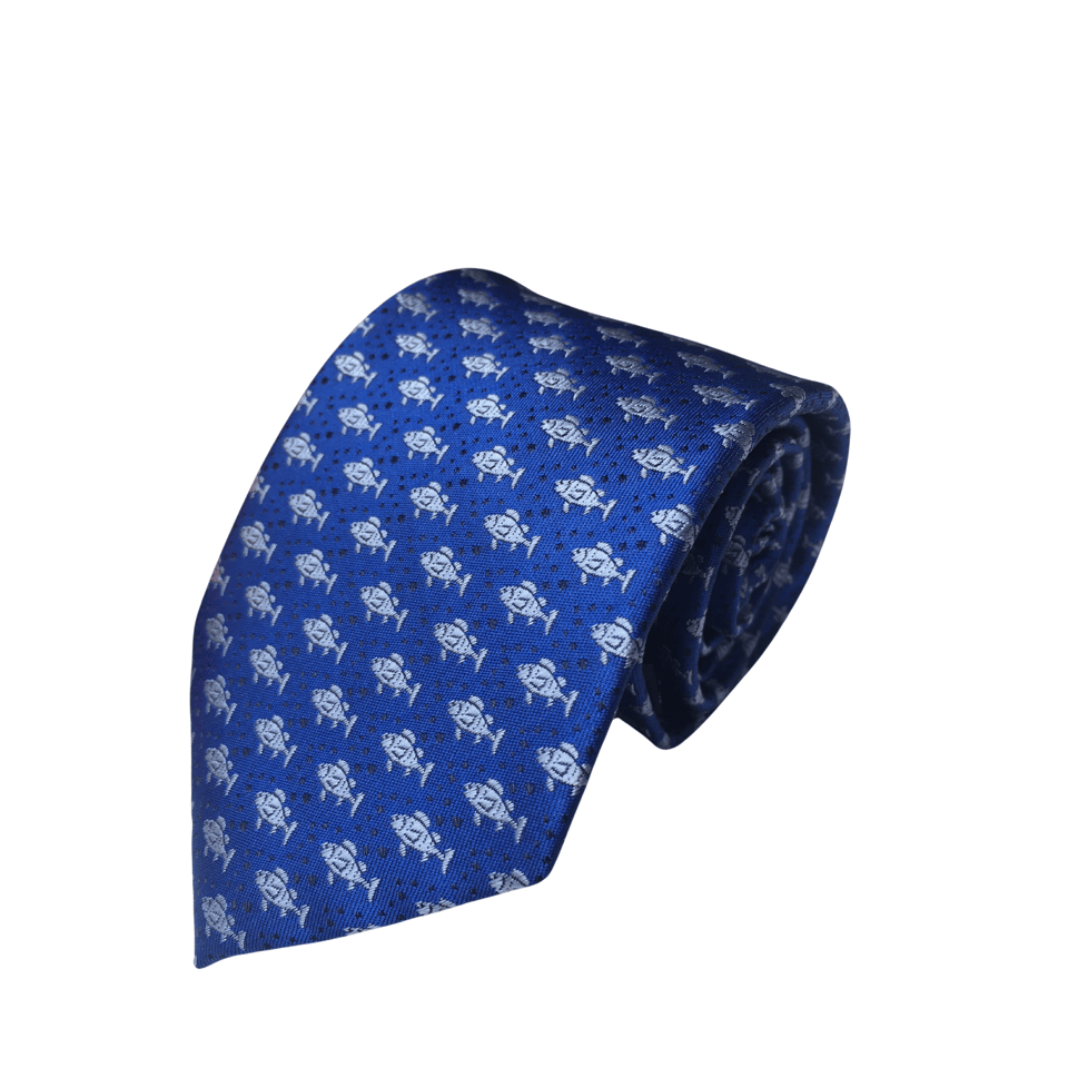 Hermes Navy Blue Fish Pattern Canvas Tie For Men view 2