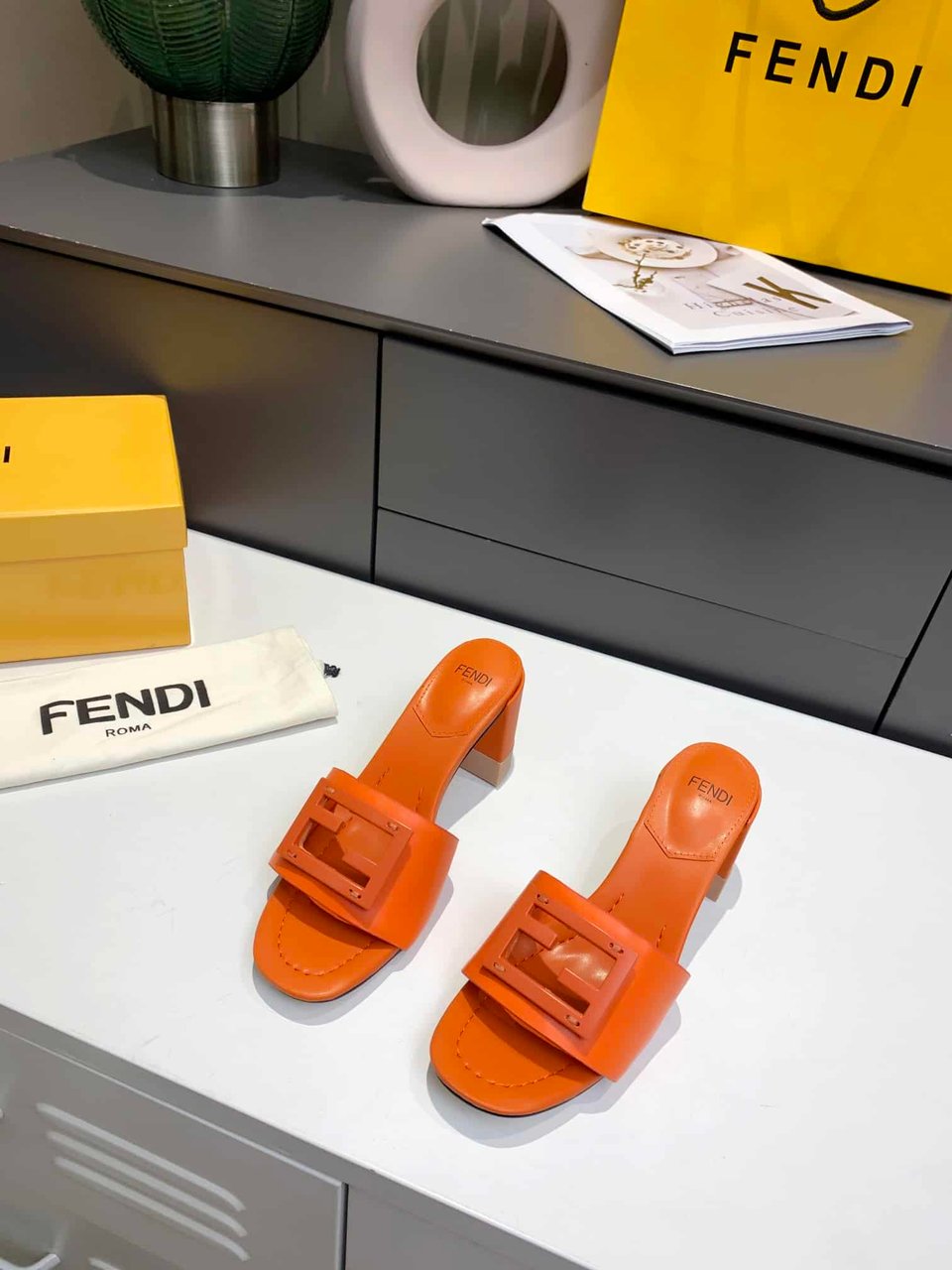 Fendi Signature Leather High Heel Orange view 5