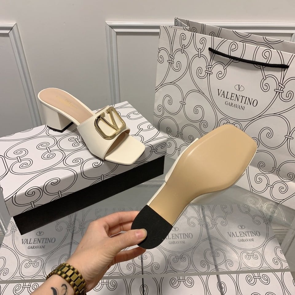 Valentino Vlogo Signature Square Toe Middle Heel White Slide Sandal view 9