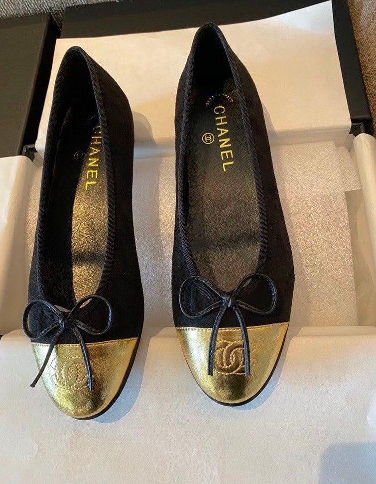 Chanel Leather Cap Toe Ballet Flats Black Gold view 3