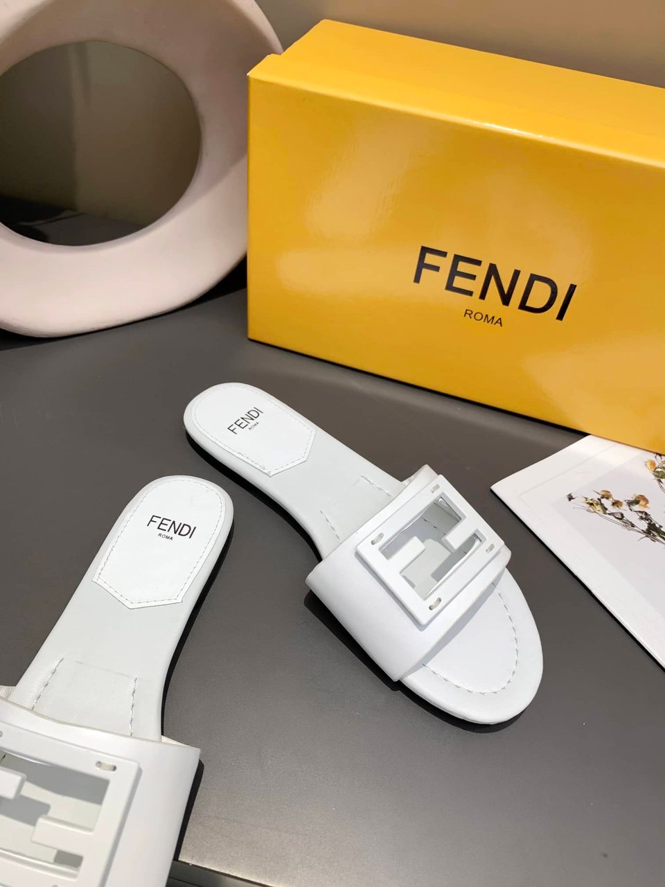 Fendi Signature Leather Sandals Slide White view 8
