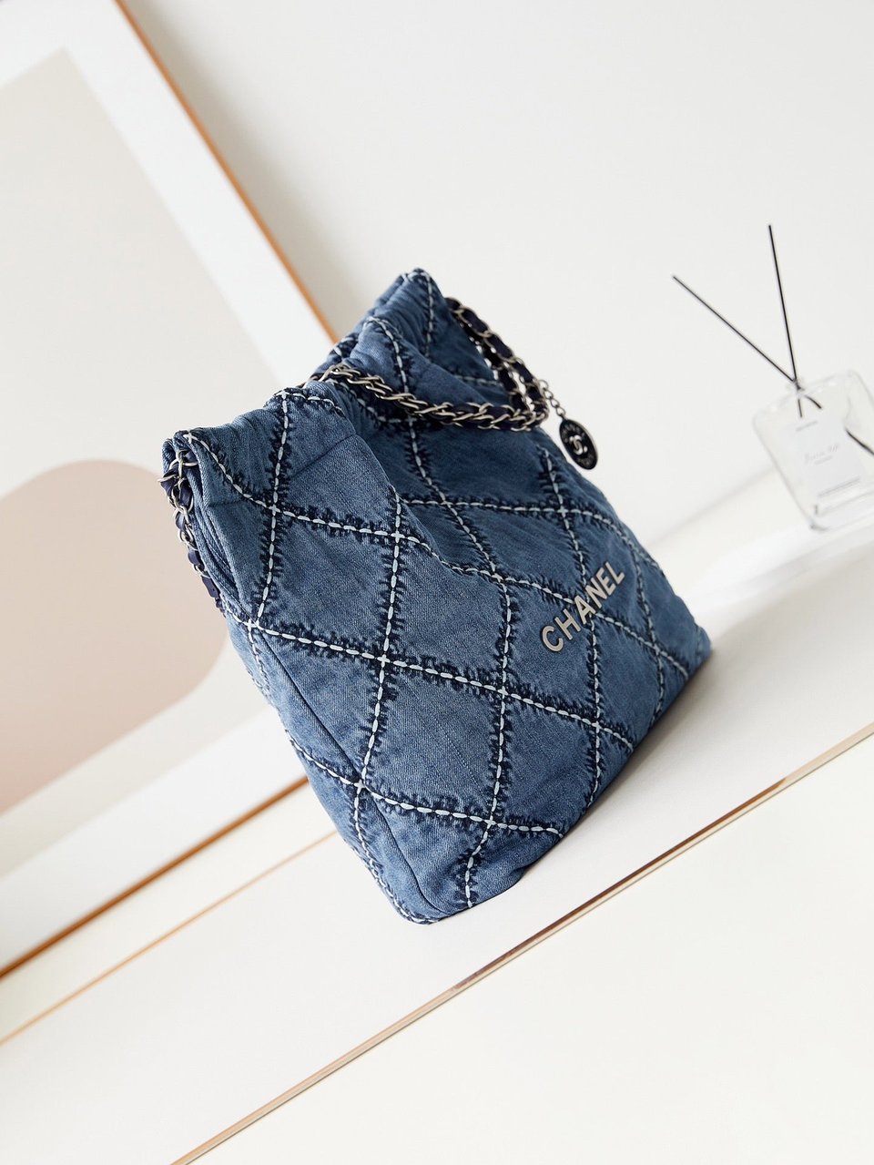 Chanel 22 Hobo Stitched Blue Denim Silver Hardware view 6