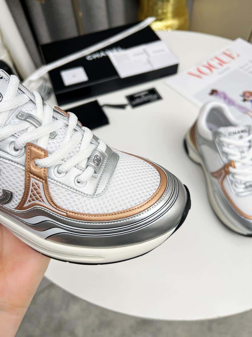 Chanel 23C Silver Metallic Cc Logo Lace Up Flat Runner Trainer Sneaker White Yellow view 5