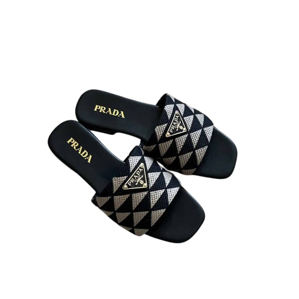 Prada Embroidered Fabric Slides Black White