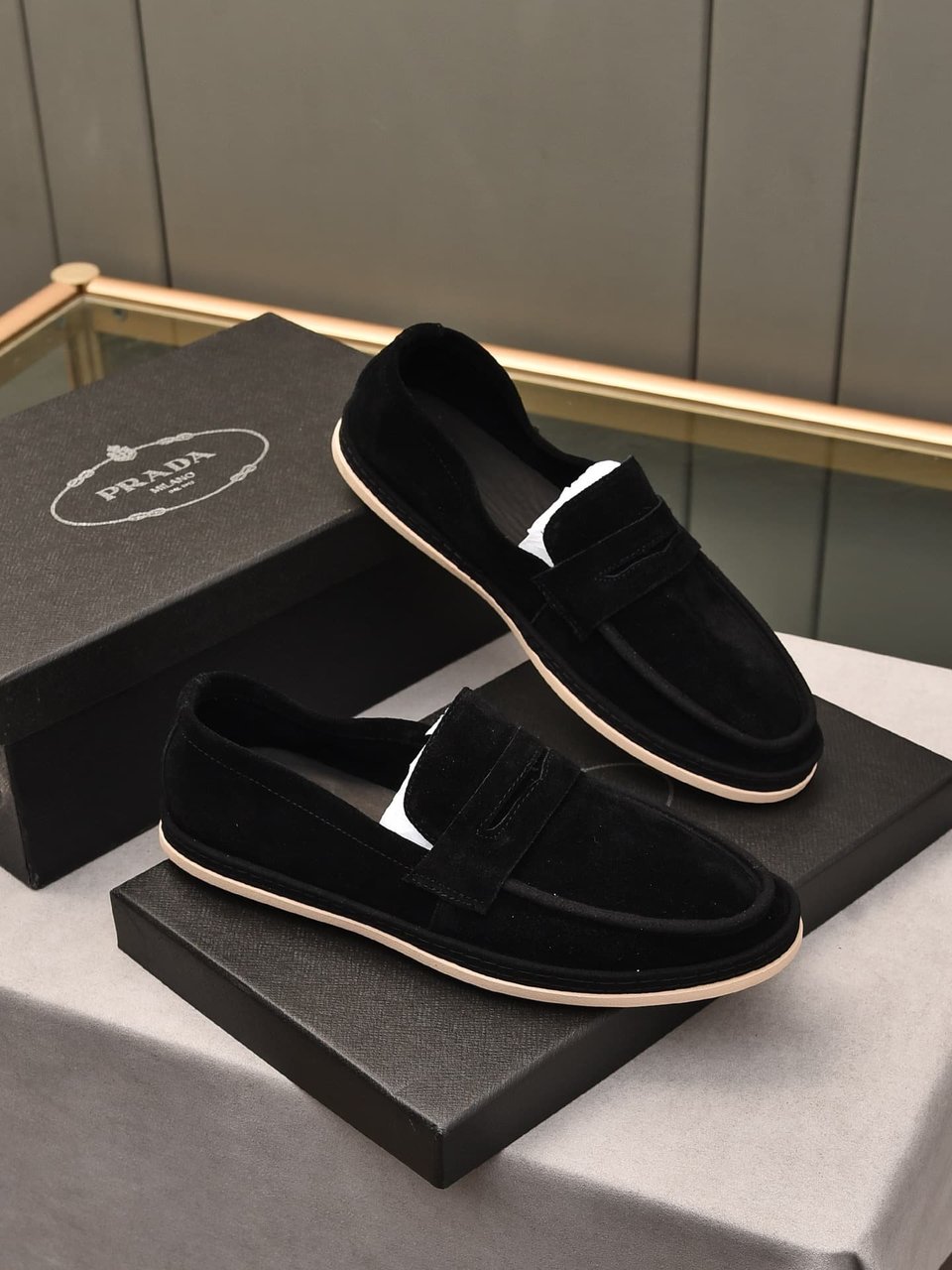 Prada Men’S Flat Loafers Suede Leather Black view 4
