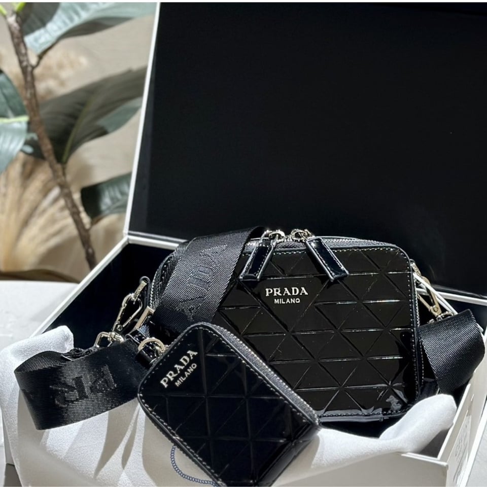Prada Brique Brushed Leather Bag With Triangle Motif Black 18Cm view 9