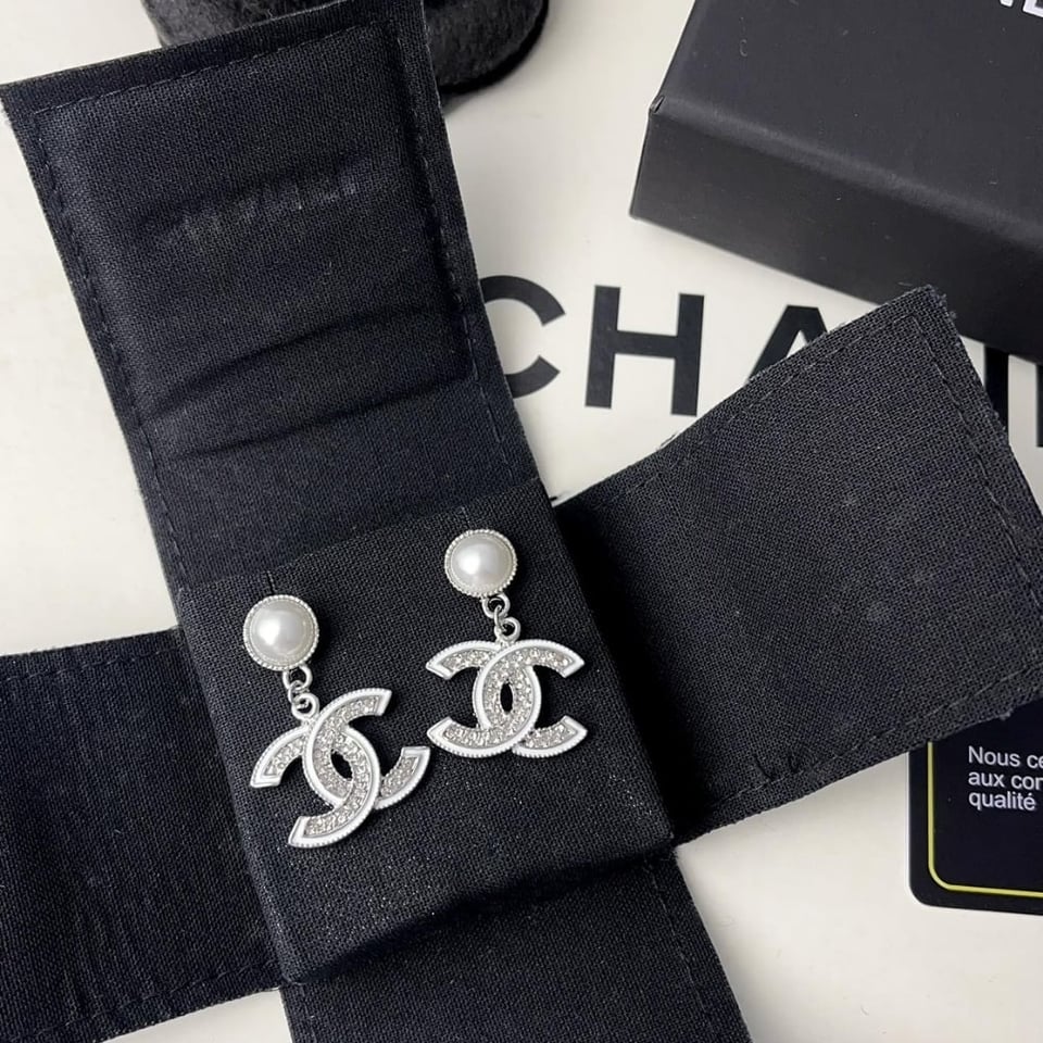 Chanel Double C Pearl Earrings Silver White view 2