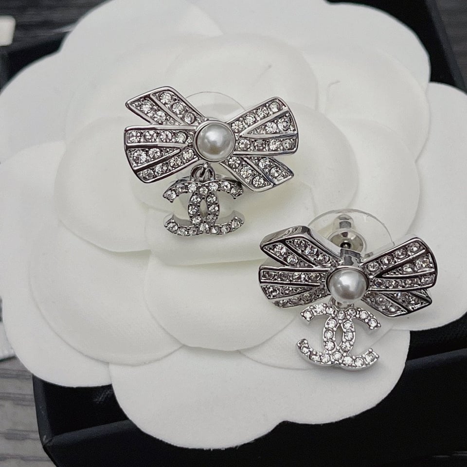 Chanel Crystal Cc Bow Drop Earrings Silver view 3
