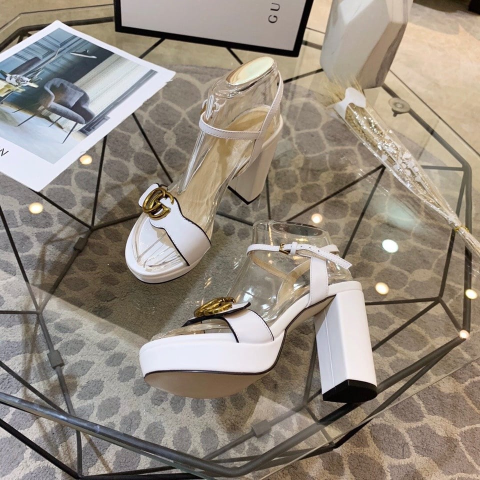 Gucci Gg Leather Heeled Sandal White view 8