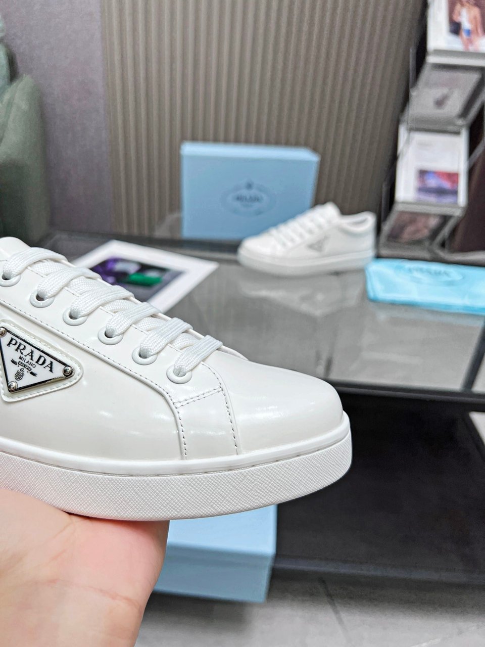 Prada Logo Sneakers In Brushed Leather White view 4