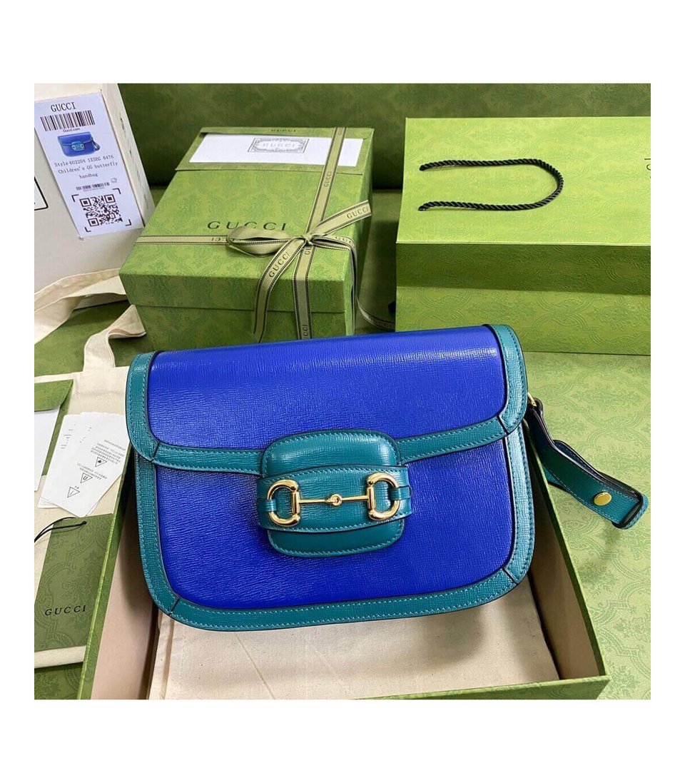 Gucci Horsebit 1955 Small Shoulder Bag Blue and Green Leather view 5