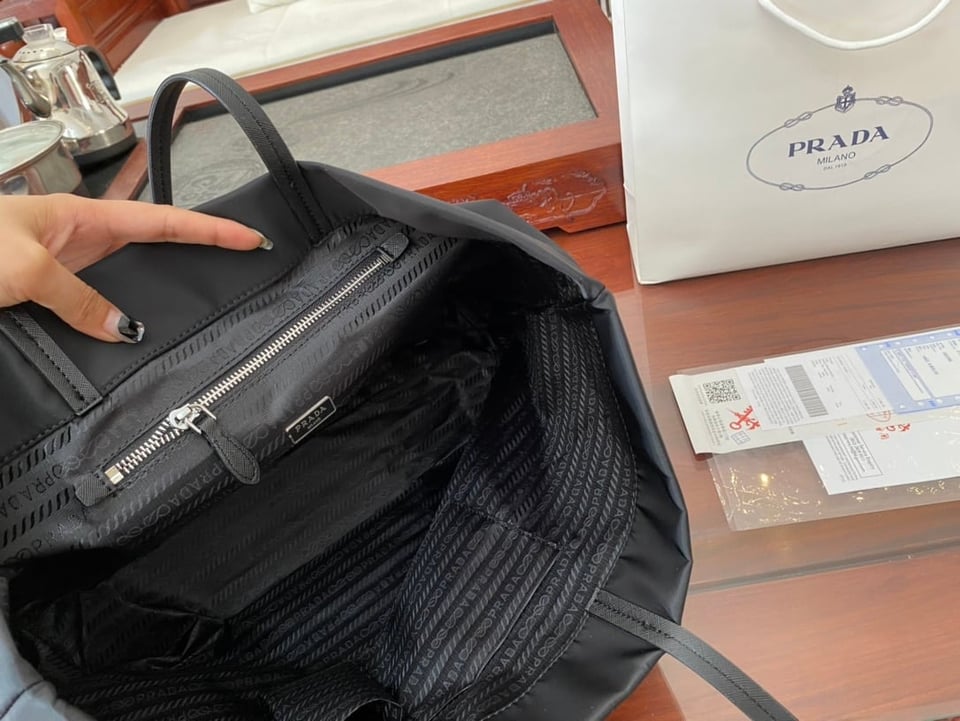 Prada Re-Nylon And Saffiano Leather Tote Bag Black view 3