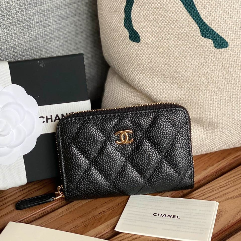 Chanel Zipped Wallet 7.5Cm Black Caviar Gold Hardware