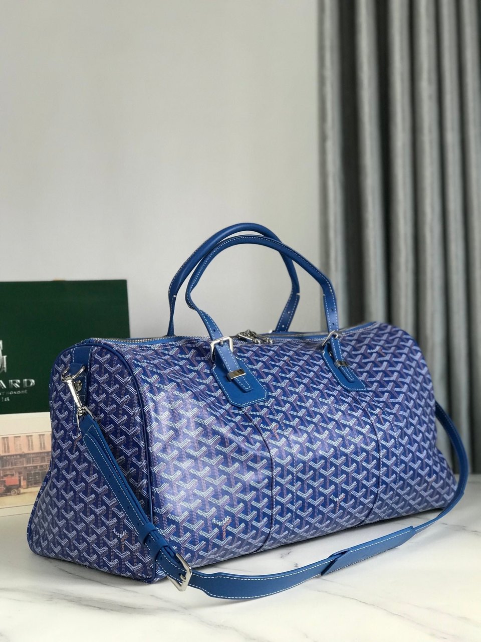 Goyard Boston 50 Bag Cm Sapphire Blue Goyardine Canvas And Calfskin Trim view 5