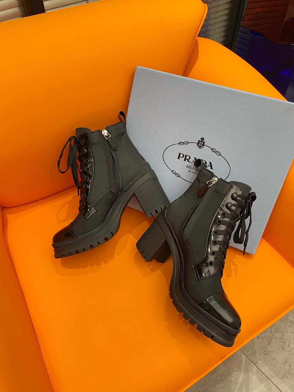 Prada Logo Plaque Ankle Boots Black view 5