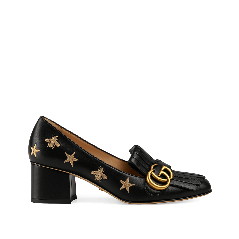 Gucci Embroidered Bee Star Leather Mid-Heel Pump Black view 2