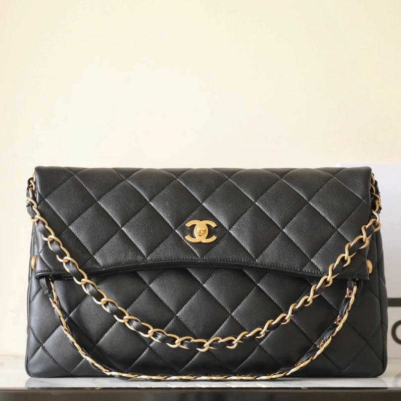 Chanel 24P Hobo Bag 36Cm Black Lambskin Gold Hardware