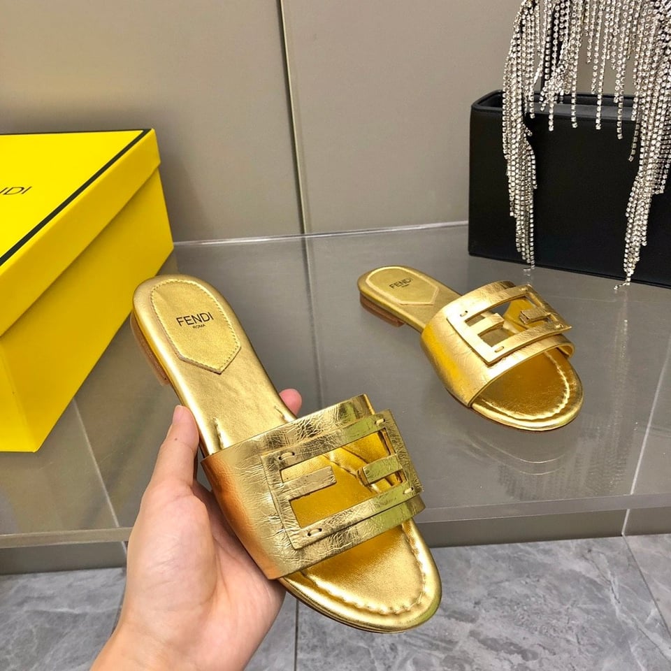 Fendi Baguette Gold Nappa Leather Slides 8R8136Ai16F0Xv6 view 7