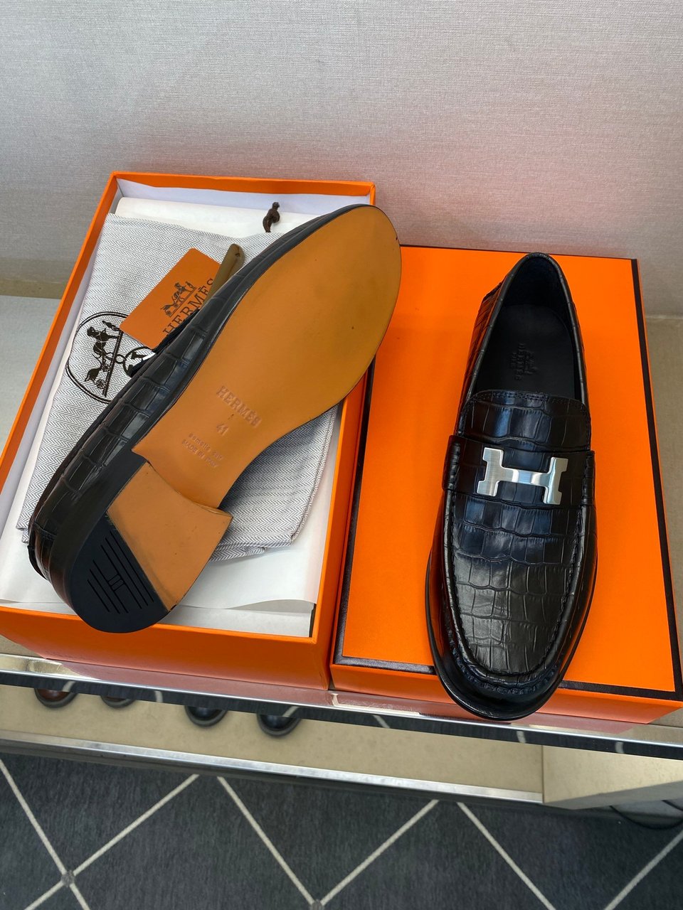 Hermès Iconic H Buckle Alligator Leather Loafers Black- Shoes for Men view 5