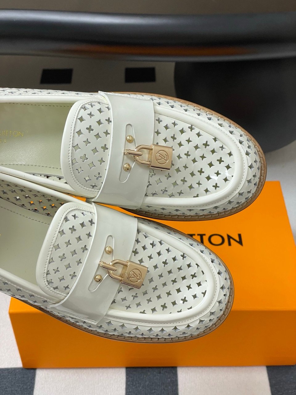 Louis Vuitton Chess Flat Loafer White Monogram Embroidered with Gold Padlock 1AGXRV view 11