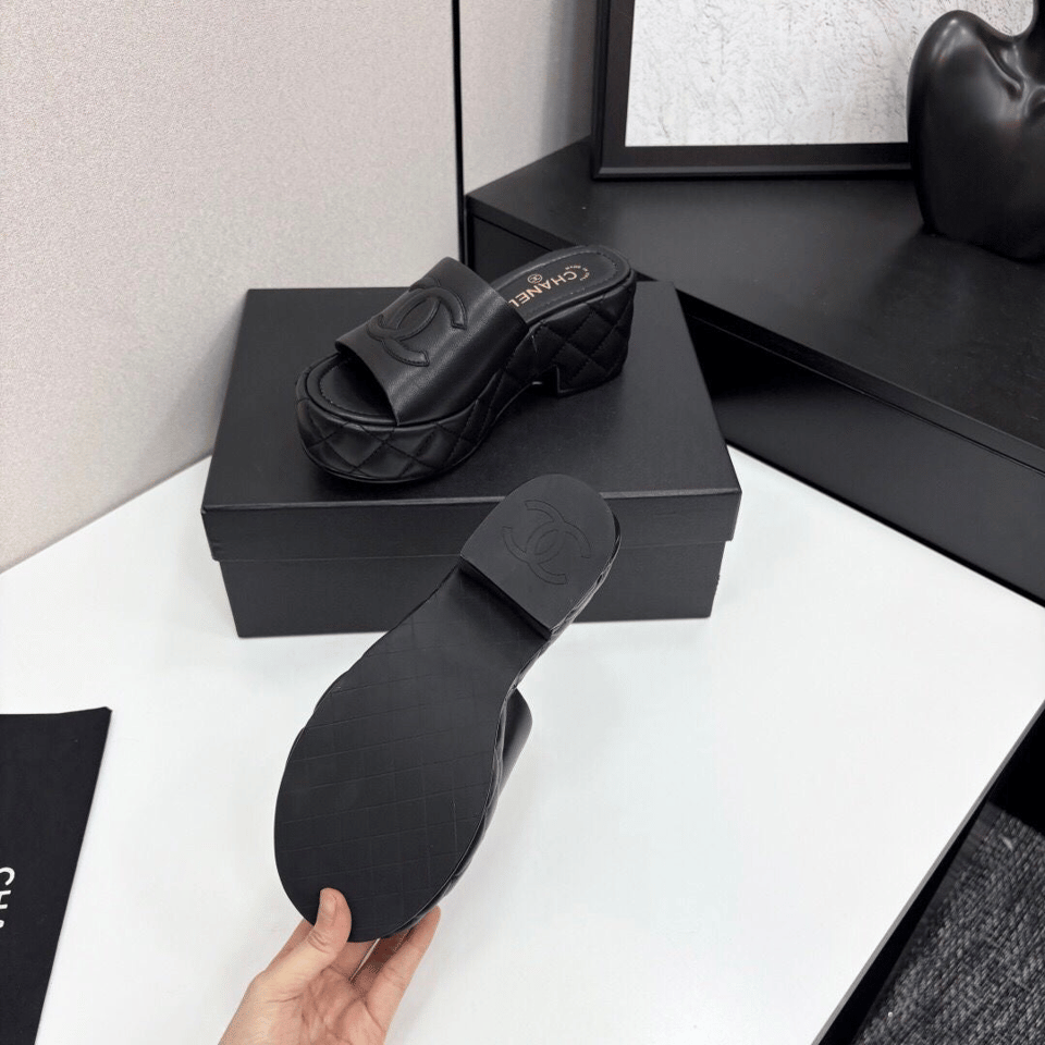 Chanel CC Embossed Logo High Heel Mules in Black Quilted Calfskin view 8