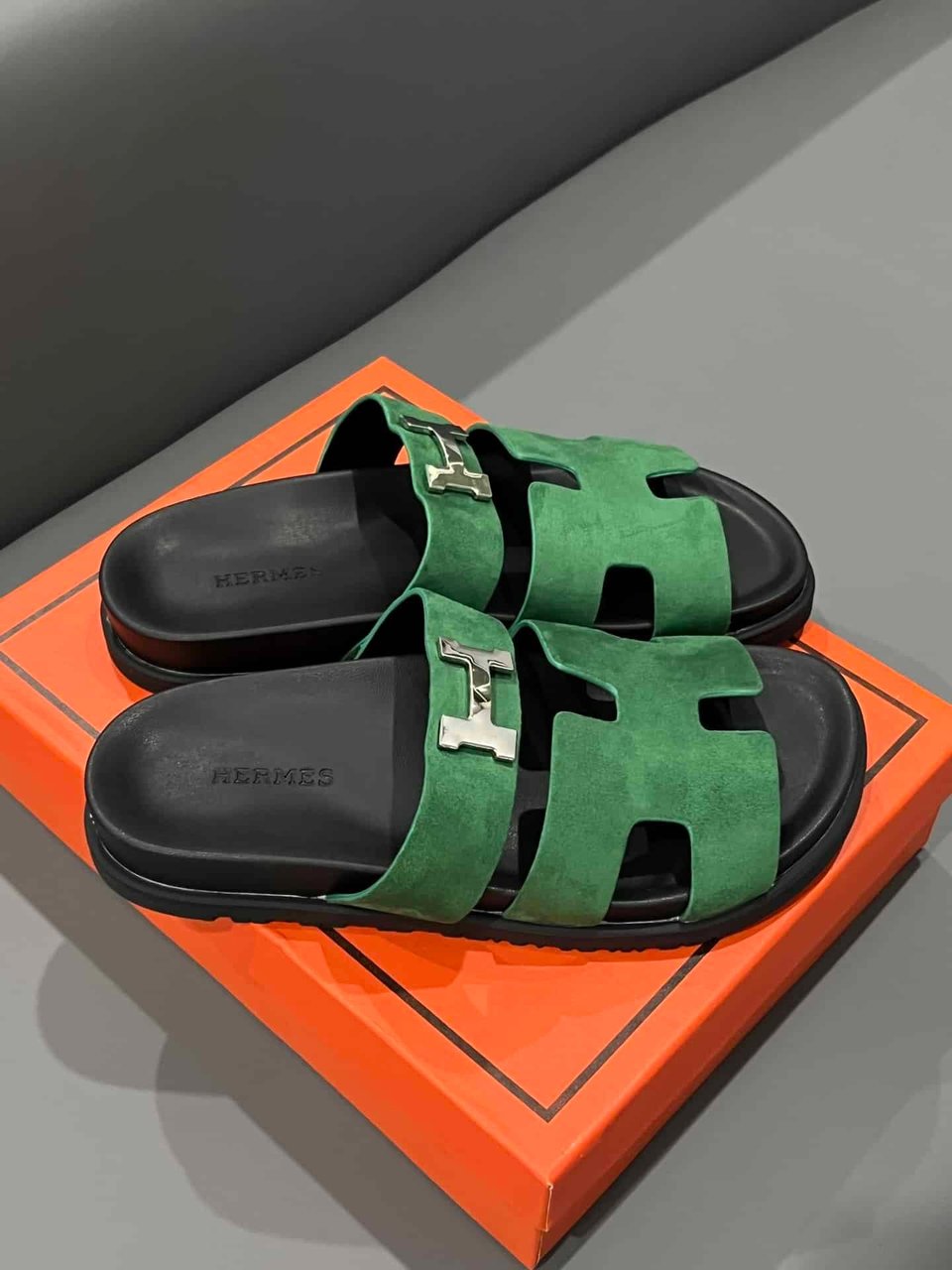 Hermes Chypre Sandal Suede H Logo Silver Hardware Green view 6