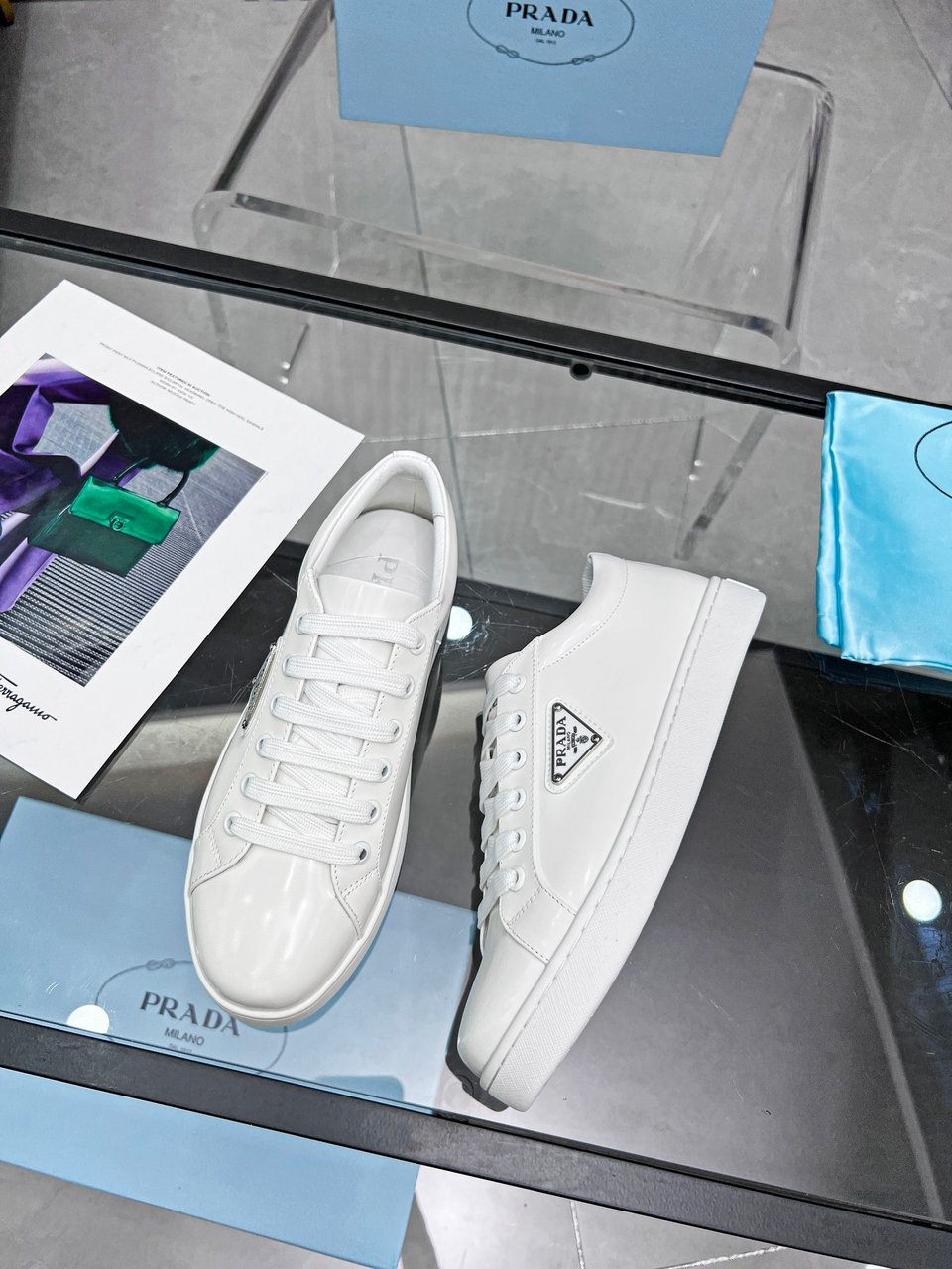 Prada Logo Sneakers In Brushed Leather White view 6