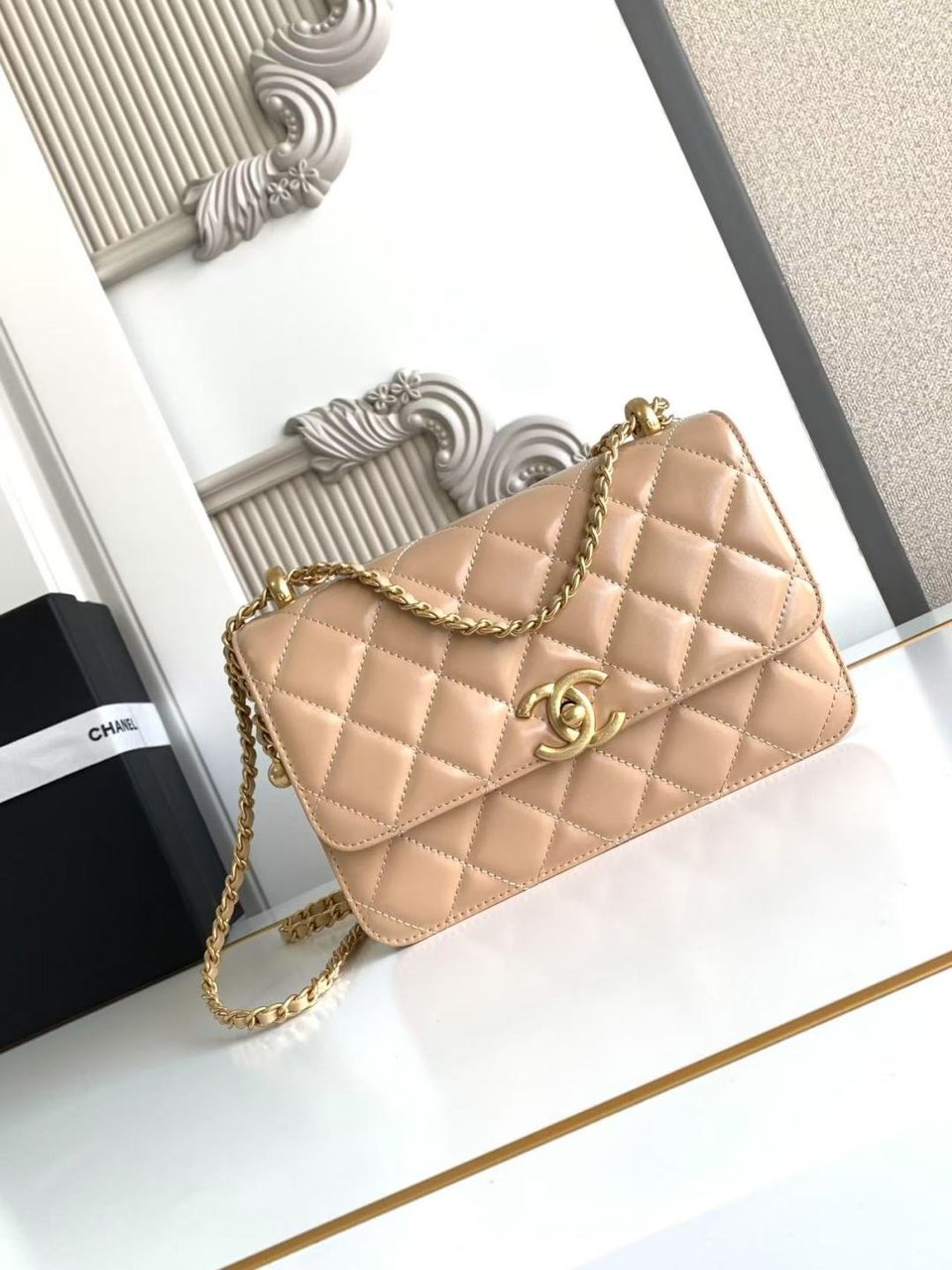 Chanel Calfskin Quilted Perfect Fit Flap Beige 22cm view 3