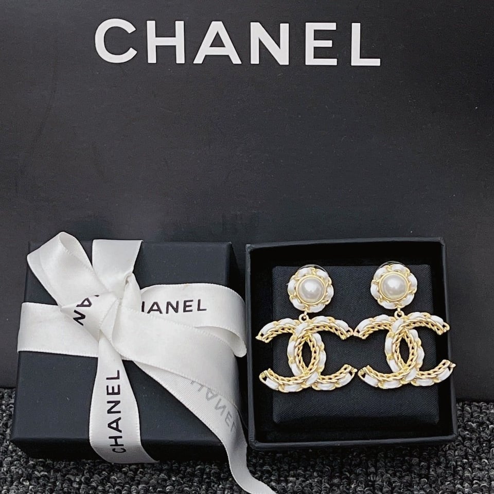Chanel White Leather And Gold Metal Earrings view 3