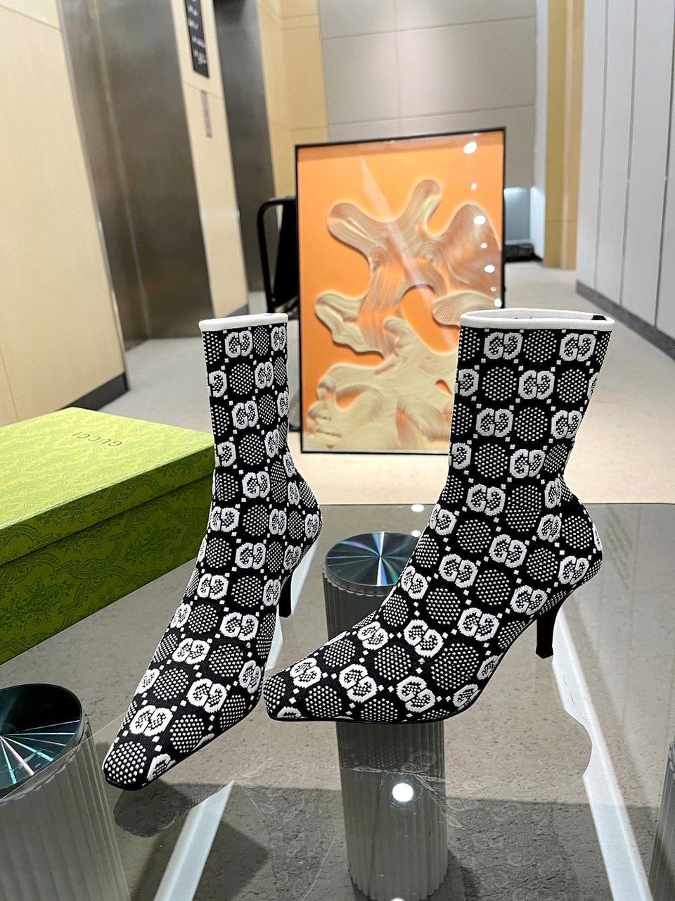Gucci Gg 75Mm Knit Ankle Boots Black White Fabric 718378 Faaqp 1008 view 7