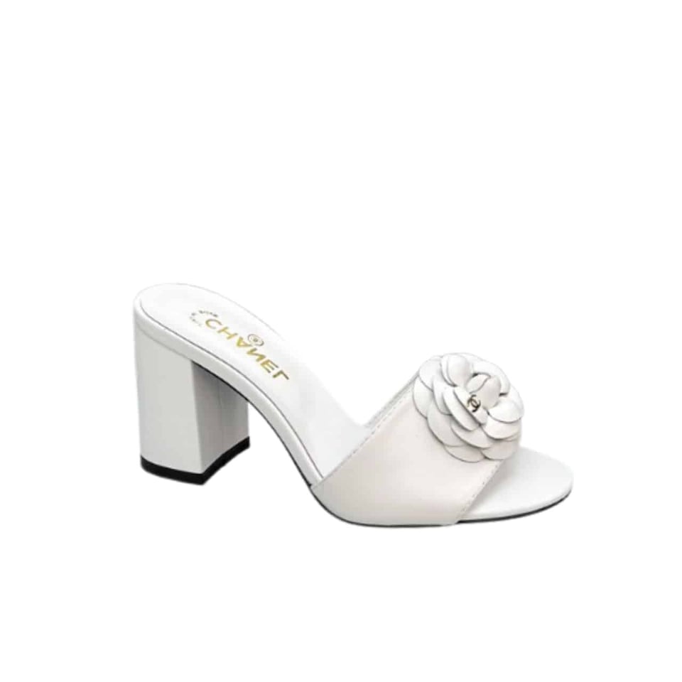 Chanel Camellia Medium Heel Slippers White view 2