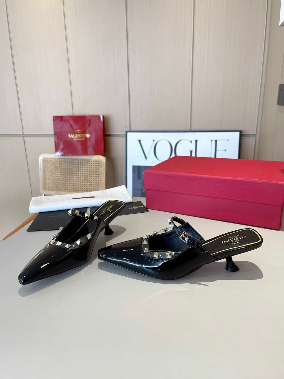 Valentino Garavani Rockstud Asymmetric Patent Leather Mules Black view 7